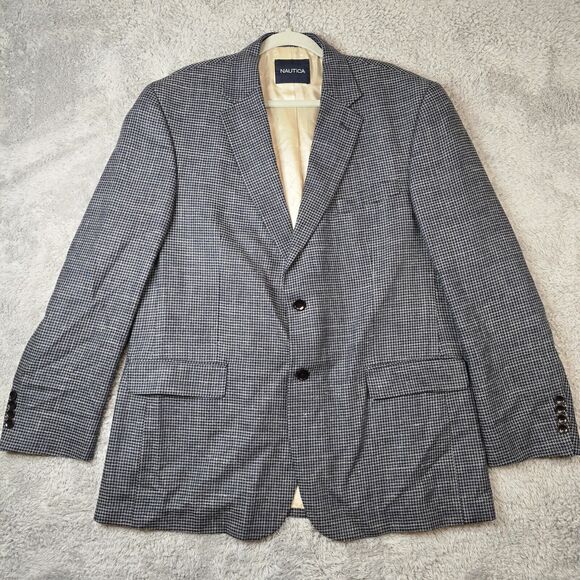 Nautica Men's Sport Coat 44R Gray Houndstooth Silk Wool Linen Blend Blazer